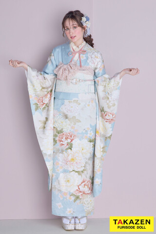 TAKAZENの振袖 /青色/古典/牡丹柄/ くすみカラーガーリー 水色/淡い色