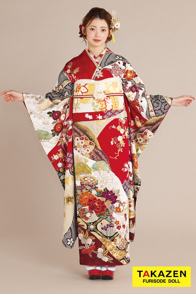 金駒刺繍　銀通し　桜花　牡丹　振袖　着物　101a p TAKAZENの振袖 /赤色/白色/古典/その他/ 正統派古典 赤/白 貝桶柄/牡丹