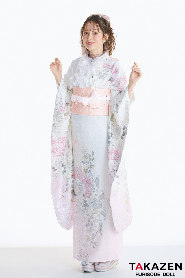 TAKAZENの振袖 /白色/ピンク色/エレガント/バラ柄/ ヘップバーンローズ