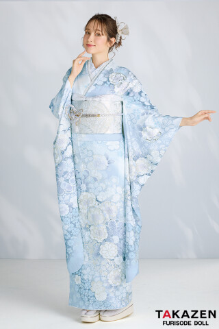 美しい花柄の水色青振袖 TAKAZENの振袖 /水色/古典/花柄/ プレミアム古典 吉澤織物/最高級金彩