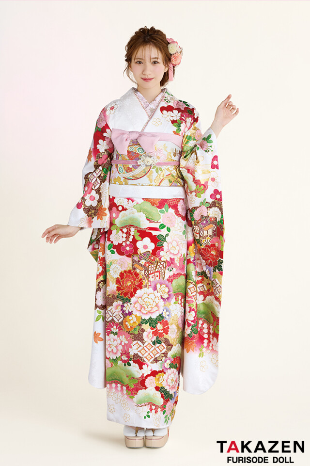 TAKAZENの振袖 /白色/赤色/古典/牡丹柄/ 正統派古典 白/赤 御所車柄
