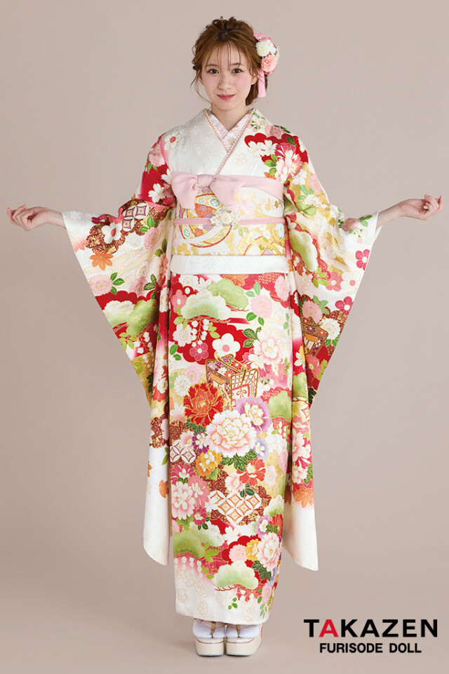 TAKAZENの振袖 /白色/赤色/古典/牡丹柄/ 正統派古典 白/赤 御所車柄