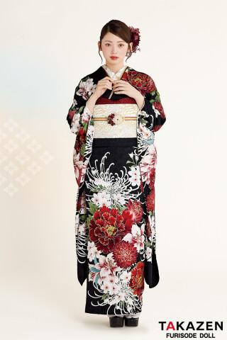 赤白黒 花模様　ブランド　振袖 TAKAZENの振袖 /黒色/赤色/古典/菊柄/ 最新作正統派古典 黒/赤 乱菊柄