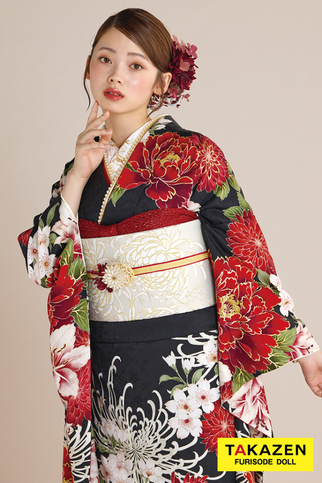 TAKAZENの振袖 /黒色/赤色/古典/菊柄/ 最新作正統派古典 黒/赤 乱菊柄