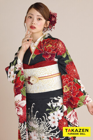 TAKAZENの振袖 /黒色/赤色/古典/菊柄/ 最新作正統派古典 黒/赤 乱菊柄