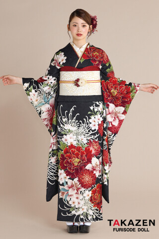 TAKAZENの振袖 /黒色/赤色/古典/菊柄/ 最新作正統派古典 黒/赤 乱菊柄