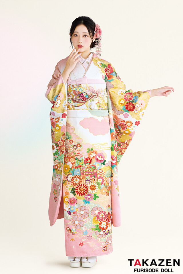 TAKAZENの振袖 /白色/ピンク色/古典/菊柄/ 正統派古典柄振袖 吉澤織物