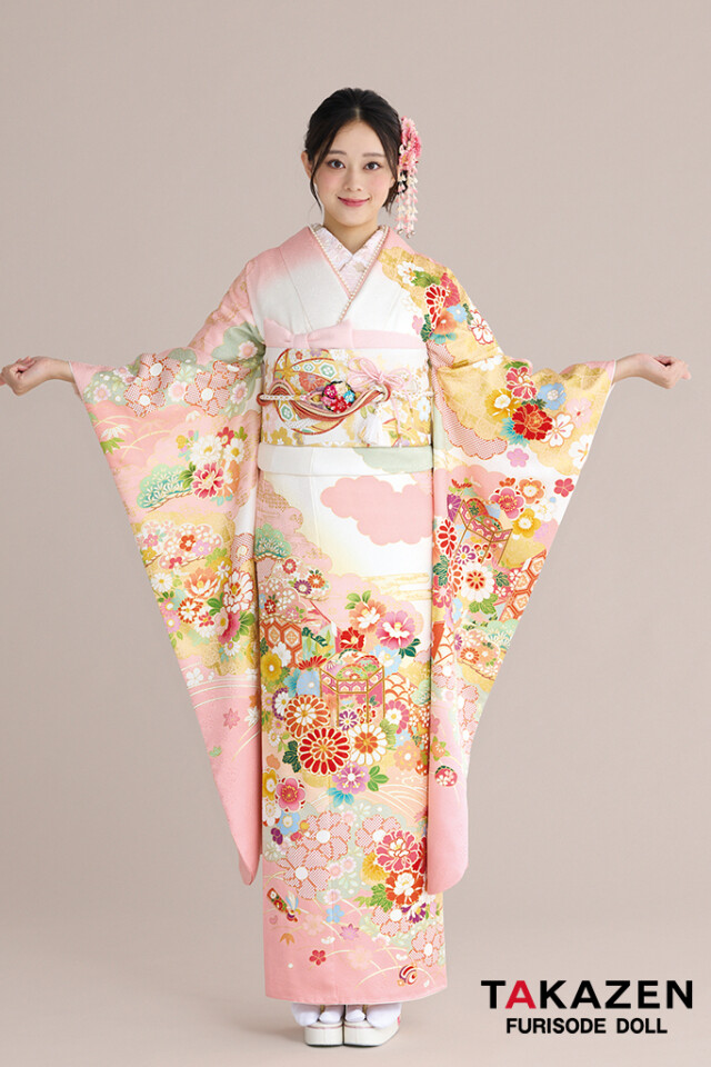 TAKAZENの振袖 /白色/ピンク色/古典/菊柄/ 正統派古典柄振袖 吉澤織物