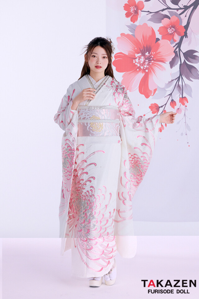 TAKAZENの振袖 /白色/ピンク色/エレガント/菊柄/ 最新作粋古典 白