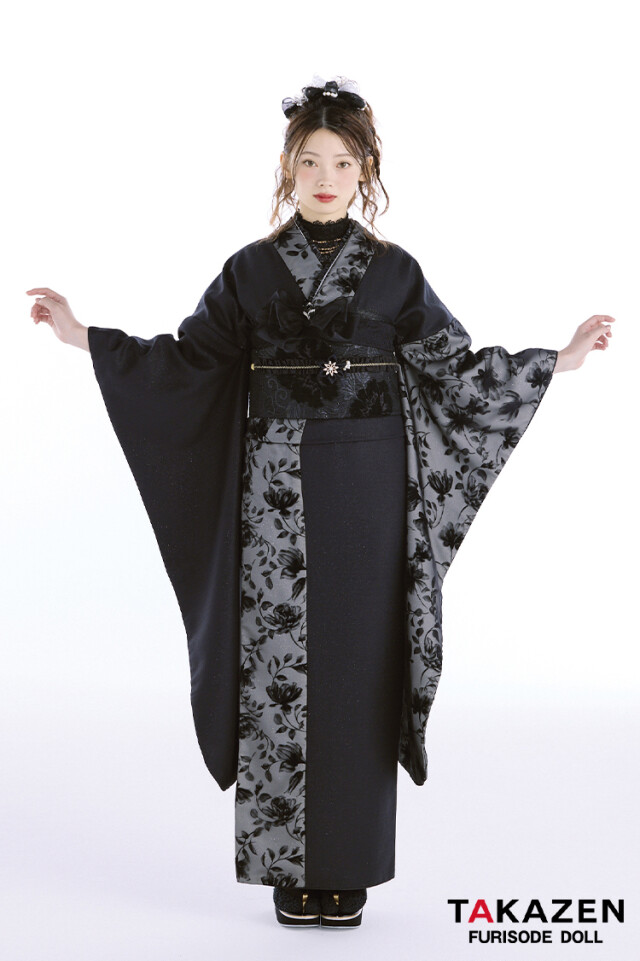 ★専用★美品 振袖 銀通し 黒 オフホワイト 薔薇 トールサイズ 身丈175cm 高級古典 関芳/最高級金彩刺繍友禅 黒/シルバー レース かっこいい