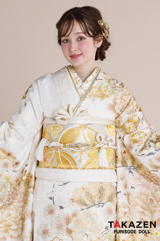 ♦︎白地古典柄♦︎振袖一式♦︎牡丹柄♦︎銀彩加工♦︎成人式♦︎フルオーダー♦︎菱紋♦︎西陣織帯 TAKAZENの振袖 /白色/ゴールド色/古典/牡丹柄/ 正統派古典 白金