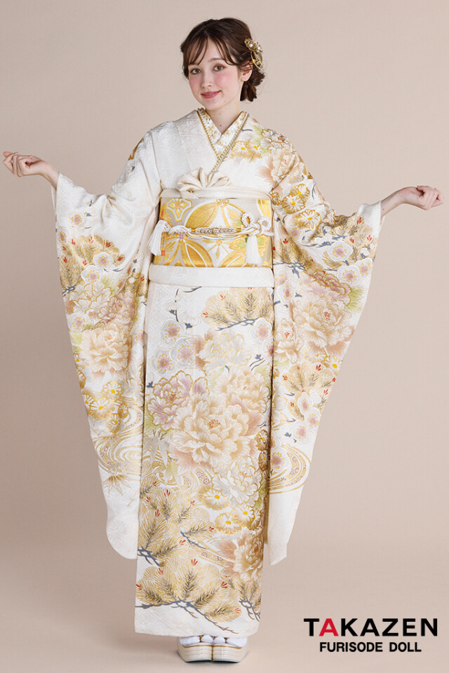 TAKAZENの振袖 /白色/ゴールド色/古典/牡丹柄/ 正統派古典 白金
