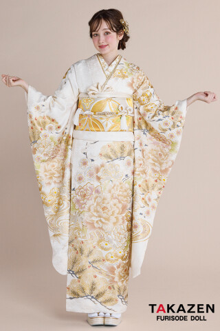 TAKAZENの振袖 /白色/ゴールド色/古典/牡丹柄/ 正統派古典 白金