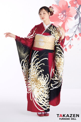 TAKAZENの振袖 /赤色/ゴールド色/古典/菊柄/ 最新作粋古典 赤/ゴールド
