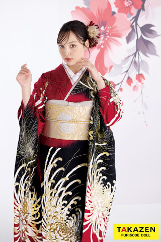 振袖フルセット　舞蝶柄・菊・金彩・箔・染め分・地紋・正絹・赤・黒 TAKAZENの振袖 /赤色/ゴールド色/古典/菊柄/ 最新作粋古典 赤/ゴールド