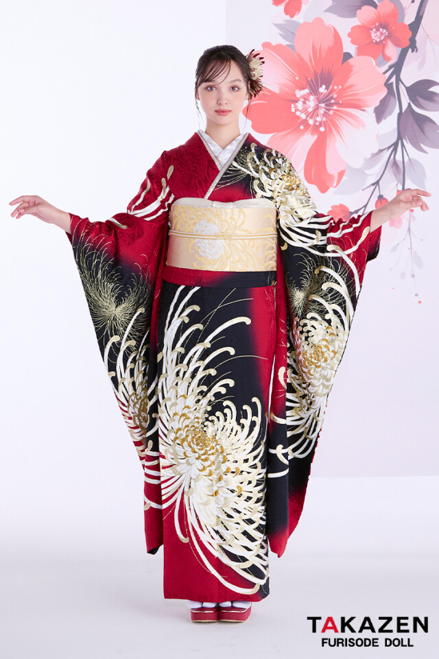 506z16☆鈴乃屋 振袖 古典柄 モダン シンプル 金彩☆美品 成人式 結婚式 TAKAZENの振袖 /赤色/ゴールド色/古典/菊柄/ 最新作粋古典 赤/ゴールド
