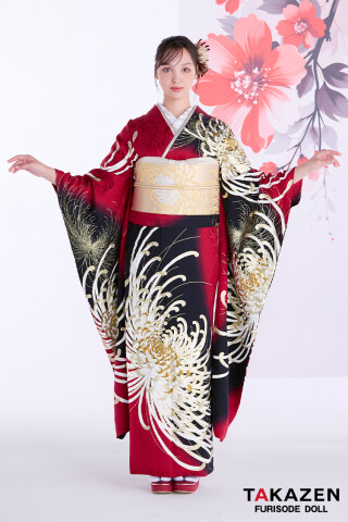 TAKAZENの振袖 /赤色/ゴールド色/古典/菊柄/ 最新作粋古典 赤/ゴールド