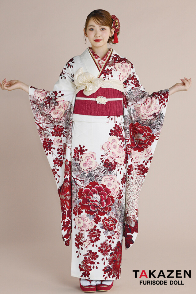 TAKAZENの振袖 /白色/赤色/古典/牡丹柄/ 正統派古典 華徒然×吉木千沙都