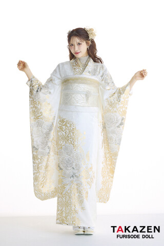 TAKAZENの振袖 /白色/ゴールド色/グラマラス/バラ柄/ グラマラス 白/黒