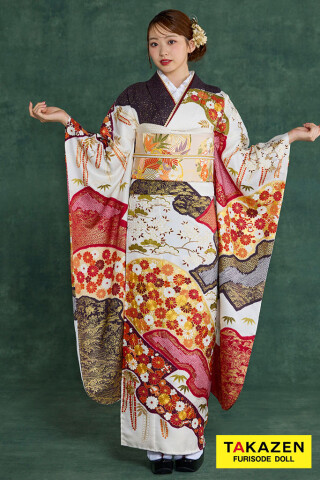 TAKAZENの振袖 /朱色/白色/古典/花柄/ プレミアム古典 青柳/最高級金駒