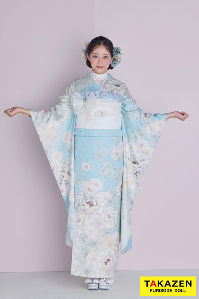 TAKAZENの振袖 /水色/その他色/キュート/牡丹柄/ くすみカラーガーリー