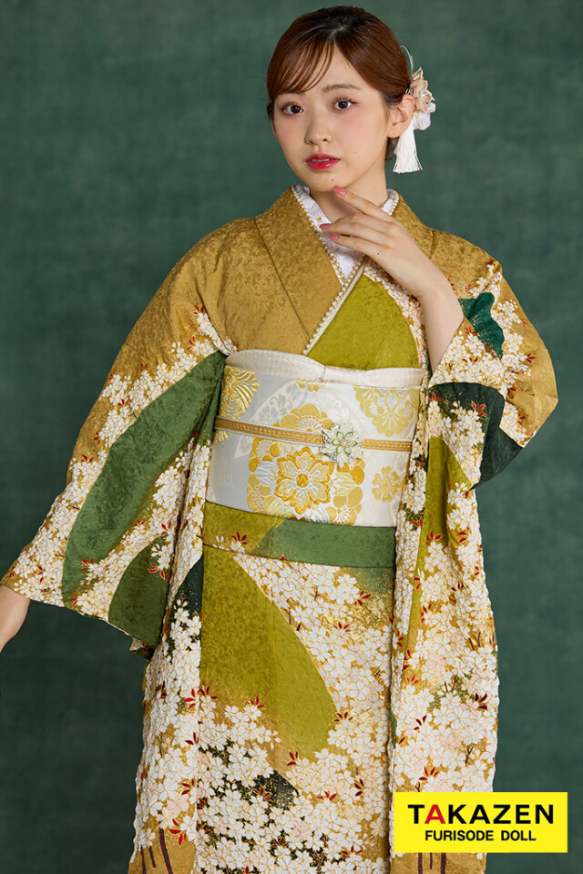 TAKAZENの振袖 /緑色/その他色/古典/桜柄/ プレミアム古典 青柳/最高級
