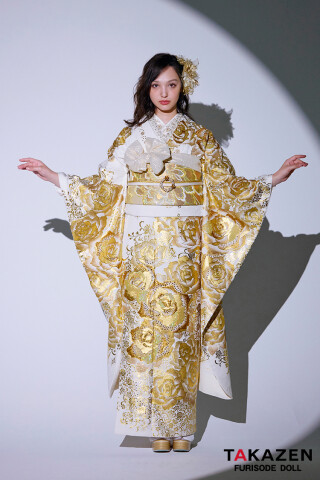 成人式　振袖フルセット　正絹　1143 白地　バラ花柄　金箔　格安！ TAKAZENの振袖 /ゴールド色/白色/グラマラス/バラ柄/ モード系 白金