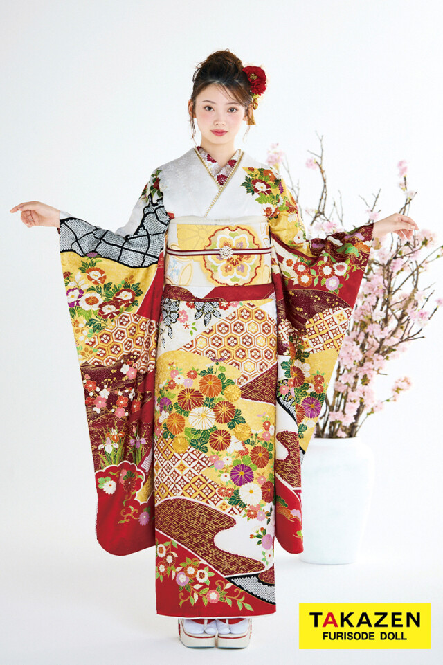 TAKAZENの振袖 /白色/赤色/古典/花柄/ 最新作プレミアム古典 白赤 菊柄