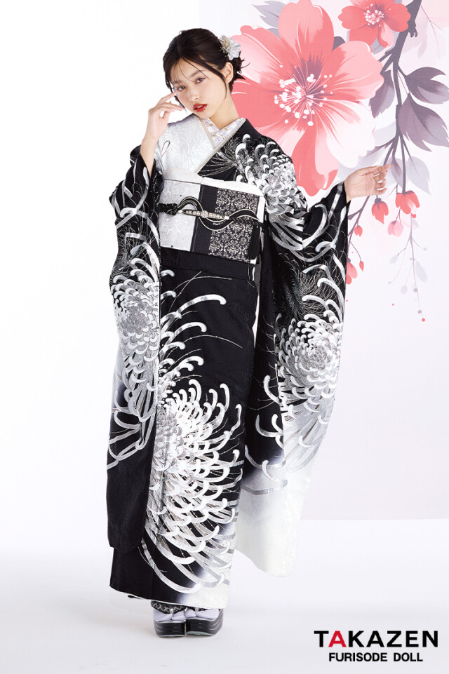 TAKAZENの振袖 /黒色/白色/古典/菊柄/ 最新作粋古典 黒シルバー 乱菊柄