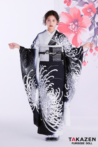 TAKAZENの振袖 /黒色/白色/古典/菊柄/ 最新作粋古典 黒シルバー 乱菊柄