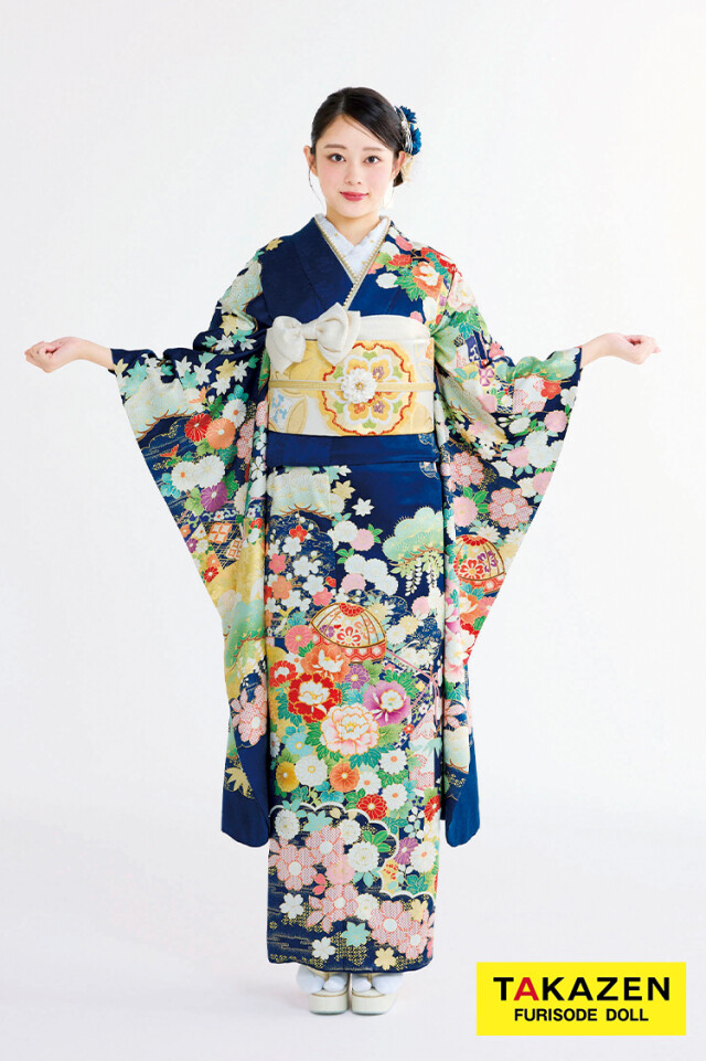 TAKAZENの振袖 /紺色/青色/古典/牡丹柄/ 最新作プレミアム古典 紺色