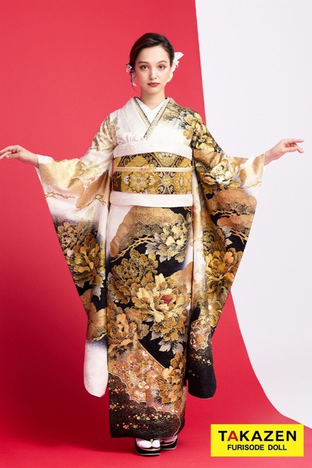 TAKAZENの振袖 /白色/黒色/グラマラス/牡丹柄/ ジャパンモード 白/黒