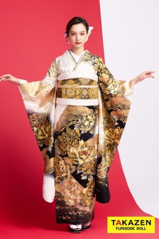 TAKAZENの振袖 /白色/黒色/グラマラス/牡丹柄/ ジャパンモード 白/黒