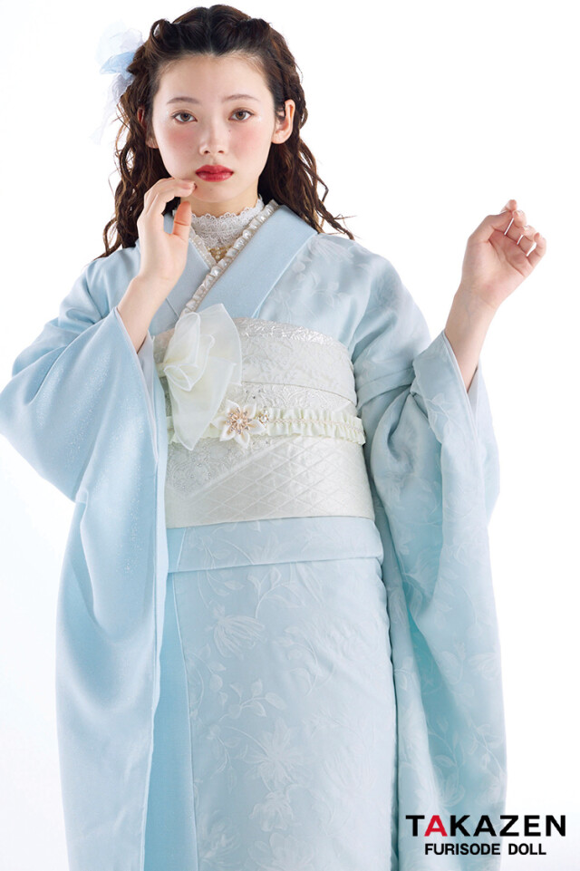 TAKAZENの振袖 /水色/クール/無地柄/ 最新作ヴィンテージスタイル 水色