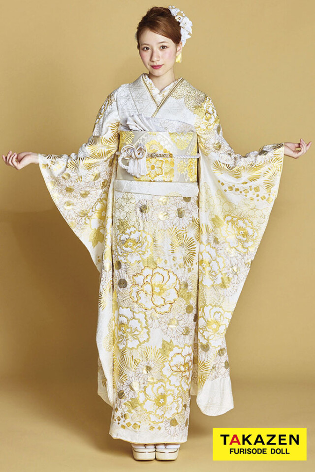 ≪美品≫ののんさま専用　振袖のみ TAKAZENの振袖 /白色/ゴールド色/古典/牡丹柄/ 最新作プレミアム古典