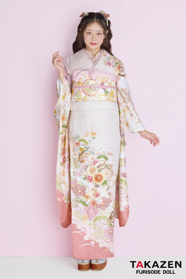 TAKAZENの振袖 /ピンク色/ベージュ色/古典/梅柄/ くすみカラー古典