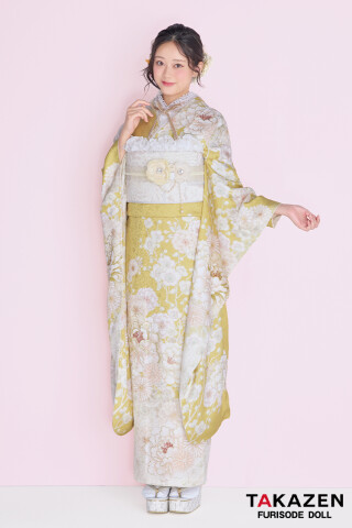 TAKAZENの振袖 /黄色/古典/牡丹柄/ くすみカラーガーリー イエロー