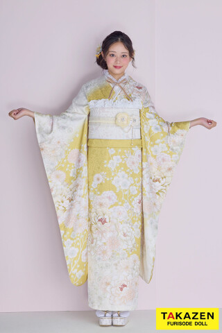 TAKAZENの振袖 /黄色/古典/牡丹柄/ くすみカラーガーリー イエロー