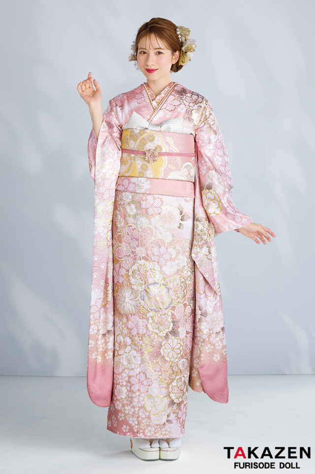 TAKAZENの振袖 /ピンク色/古典/花柄/ 最新作高級古典 サーモンピンク