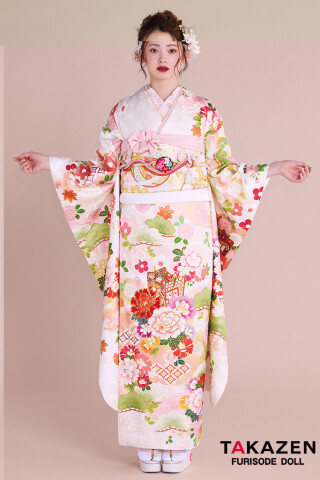 TAKAZENの振袖 /白色/古典/花柄/ 正統派古典 白/ピンク 御所車柄/牡丹