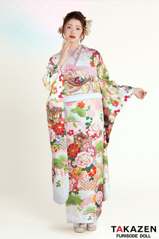TAKAZENの振袖 /白色/古典/花柄/ 正統派古典 白/ピンク 御所車柄/牡丹