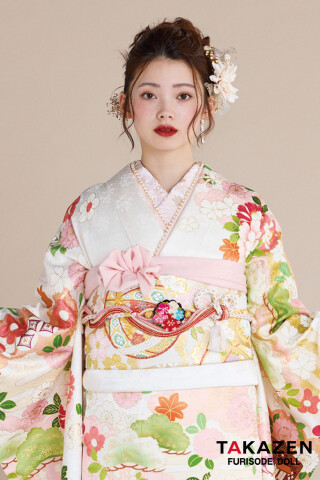 TAKAZENの振袖 /白色/古典/花柄/ 正統派古典 白/ピンク 御所車柄/牡丹