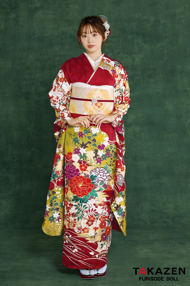 TAKAZENの振袖 /朱色/古典/牡丹柄/ プレミアム古典 青柳/最高級金彩
