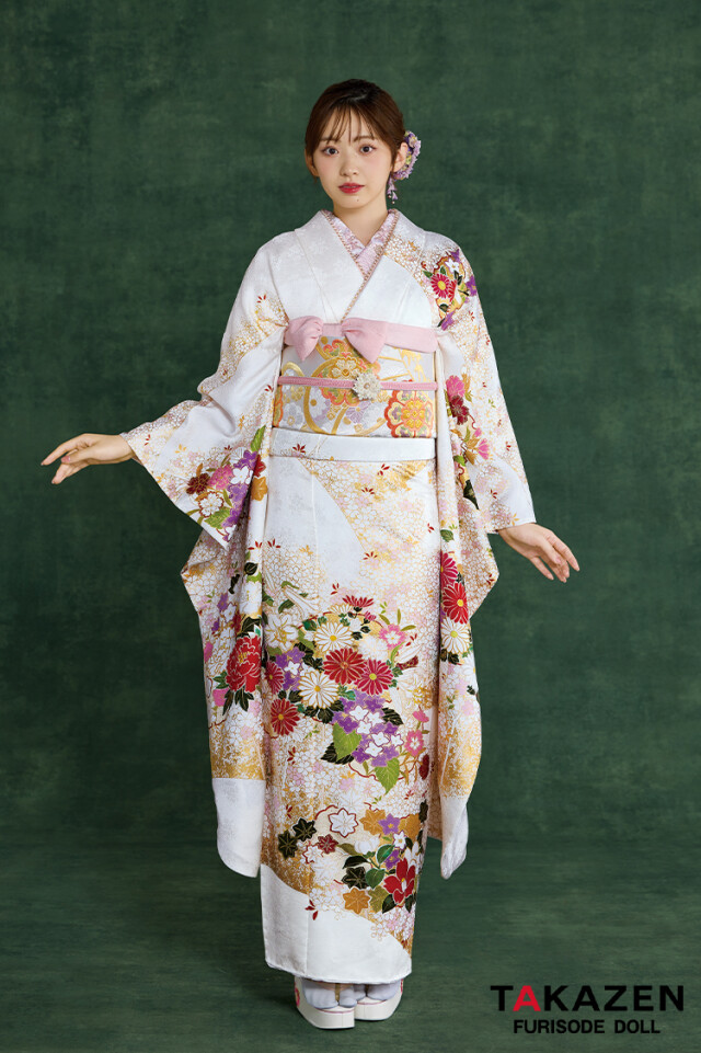 振袖フルセット　古典　白 TAKAZENの振袖 /白色/古典/菊柄/ プレミアム古典 青柳/最高級絞り手描