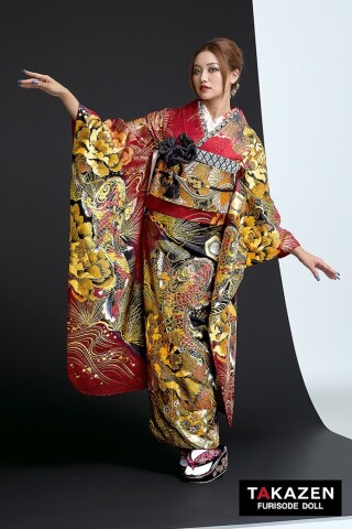 成人式　艶やか　振袖フルセット TAKAZENの振袖 /赤色/ゴールド色/グラマラス/松柄/ ジャパンモード 赤