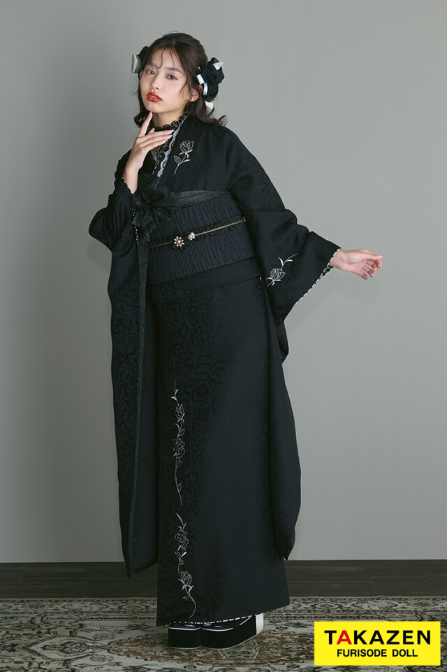 TAKAZENの振袖 /黒色/クール/無地柄/ ヴィンテージスタイル ブラック