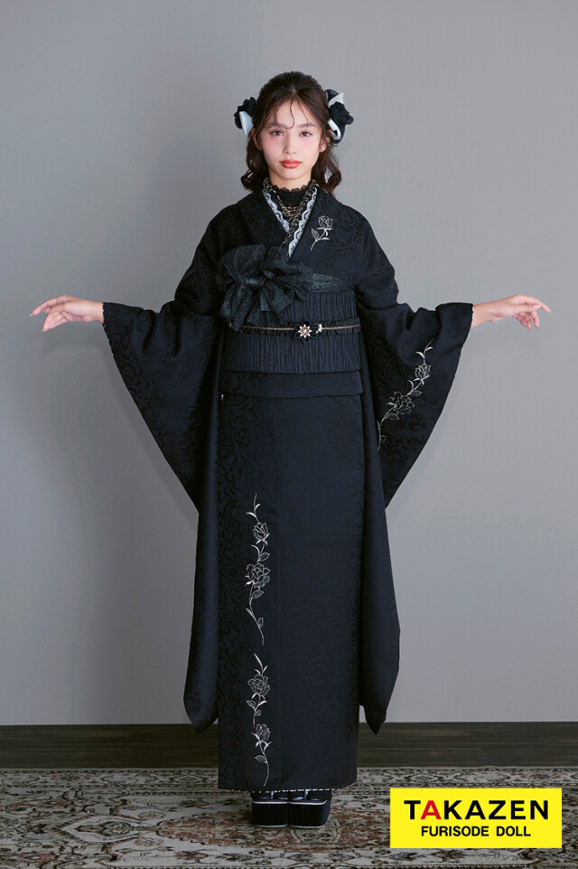 TAKAZENの振袖 /黒色/クール/無地柄/ ヴィンテージスタイル ブラック