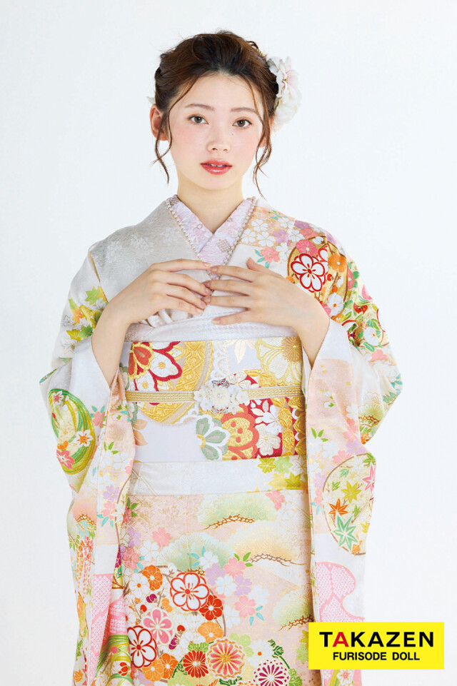 【特価】白地　振袖　鹿の子織 TAKAZENの振袖 /白色/ピンク色/古典/菊柄/ 最新作プレミアム古典 白