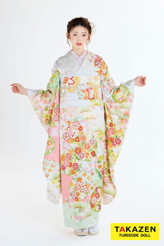 TAKAZENの振袖 /ピンク色/緑色/古典/菊柄/ 最新作プレミアム古典 白