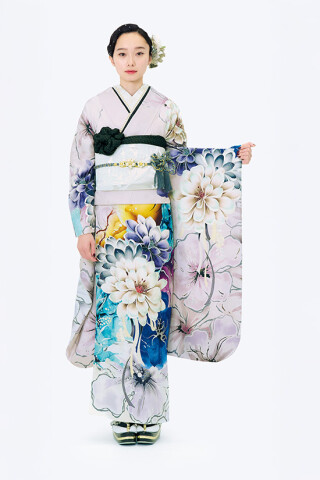 ふりそでMODE ウェディングボックスの振袖 /水色/クール/花柄/ K118